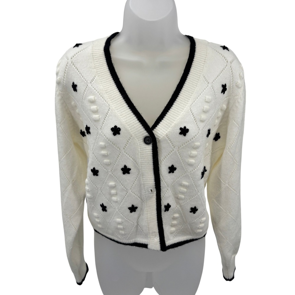 PINCH Cream Black Floral Embroidered V-Neck Knit Crop Cardigan Sweater Womens XS